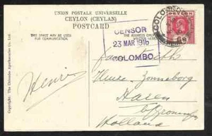 CEYLON Censored Picture Postcard to Holland pmk 1916 Colombo - Picture 1 of 2