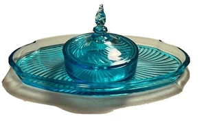 Tiffin Glass Milady Turquoise Blue Powder Set Art Deco Style - Picture 1 of 6