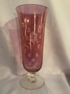 Vintage Etched Cranberry Glass Vase Hurricane Shape Large 10.5” - Picture 1 of 4