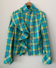 Forever Unique Blue /Yellow Check Stretch -High Collar Fashion Blouse Size 12
