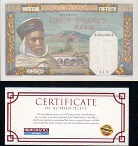 Algeria 100 Francs QTY 1 Pc UNC banknote KM-85 COA 1939-42 - Picture 1 of 2