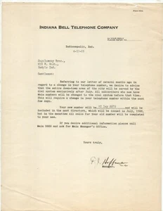 Indiana Bell Telephone Co. Indianapolis 1928 letter signed by manager Hoffman - Picture 1 of 3