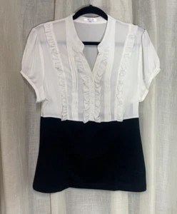 Valley Girl top Women 14 White Black Short Sleeve Frilly Layered fitted Blouse - Picture 1 of 7