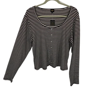 Lee Rib Knit Scoop neck Top Size 1X Navy Striped Long Sleeve Pearl Snap Details - Picture 1 of 9