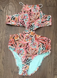 NWT Aerie Buzzed Terry Halter Cut Out Floral Multicolor One Piece Swimsuit XL - Picture 1 of 12