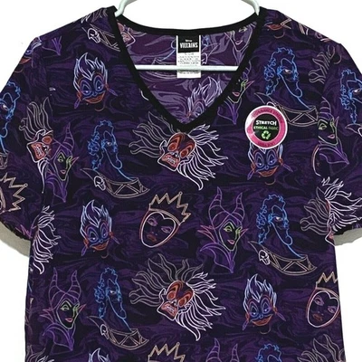 Disney Villains Scrub Top S Purple Evil Queen Maleficent Ursula Cruella De Vil - Image 1 of 4