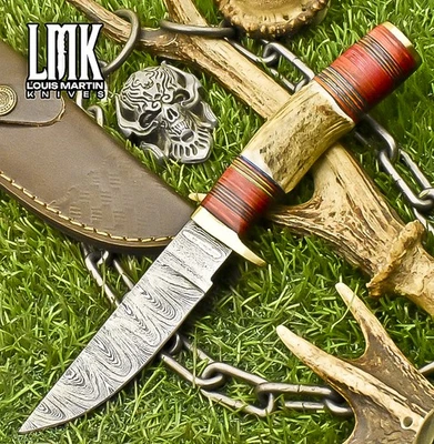 Cuchillo desollador de caza forjado personalizado LMK torcido asta de ciervo Damasco táctico Foto 1 de 4