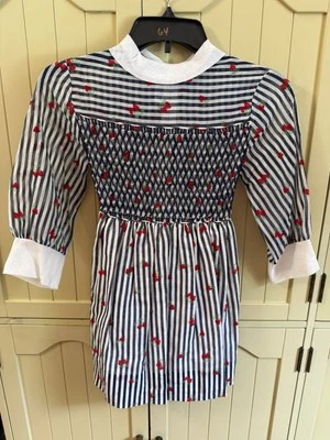 Vestido Vintage Polly Flinders Calado 10 Fresa Azul Marino Blanco Rayas Manga Larga Foto 1 de 4