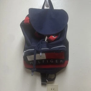 Vintage Tommy Hilfiger Canvas Backpack 1990s Nap Sack Bag Big Flag Logo 18x13 - Picture 1 of 6