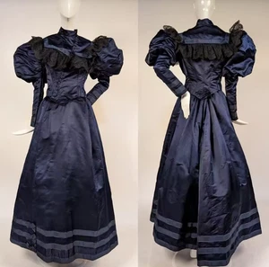19th Century Victorian Edwardian Navy Blue Puff Sleeves Dress Costume Gothic - Picture 1 of 9