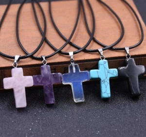 Cross Natural Stone Quartz Charms Pendant Necklace Women/Men Jewelry Choker - Picture 1 of 13