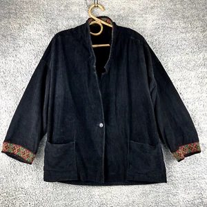 Vintage Black corduroy jacket womens size XL patterned cuffs & collar 90s - Picture 1 of 6