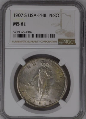 :1907-S 1-PESO .800-SILVER USA PHILIPPINES NGC MS 61 BRILLIANT BEAUTY RARE R5 - Image 1 of 2