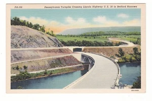Pennsylvania Turnpike cartolina d'epoca in lino / Bedford Narrows / Lincoln Hiway - Foto 1 di 2
