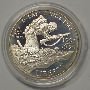 1991 - 95 W PROOF $1 WORLD WAR II D DAY COMMEMORATIVE SILVER DOLLAR COIN - Picture 1 of 2
