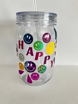Happy Faces Smile Mason Jar 24oz Acrylic Custom Tumbler Cup - Image 1 of 3