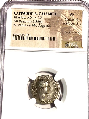 #AN23,Roman Coin,Rare,Tiberius rev.Mt.Argaeus, AR Drachm,Silver,Cappadoc. NGC VF - Image 1 of 2