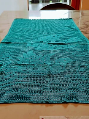 Tenda azzurra a vetro Vintage lavorazione a Filet all'uncinetto in puro cotone - Immagine 1 di 4