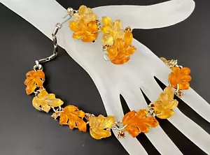 Vintage Lisner signiert goldfarben mattiert gelb Lucite Blatt Halskette Ohrringe Set - Bild 1 von 20