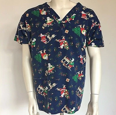 Santa Claus Scrub Women's 2XL Santa Presents Workshop Tree Candy Canes   - Image 1 of 4