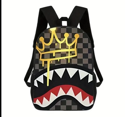 1pc Lightweight Black Unisex Backpack with Shark & Crown Graphic Print - Image 1 of 4