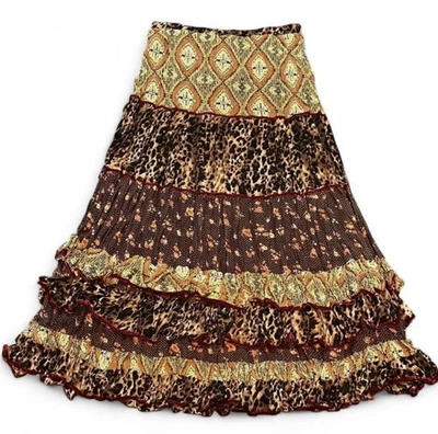 Falda Vintage Doble D Rancho Chocolate Floral en Niveles con Ribete de Terciopelo Rojo, M Foto 1 de 4