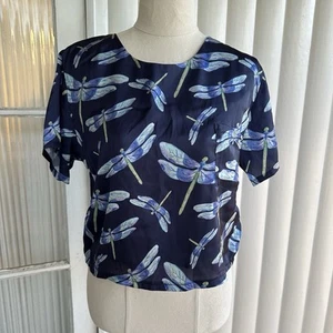 Mod Dolly London Womens 12 Blue Dragonfly Print S/sleeve Crop Zip Back - Picture 1 of 15