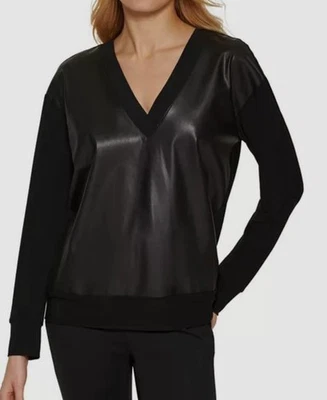 Sudadera para mujer DKNY negra imitación cuero frontal cuello en V talla XL Foto 1 de 3