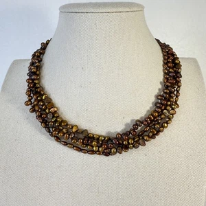 Chocolate Pearl Necklace Multi Strand Sterling Silver Clasp Brown - Picture 1 of 9