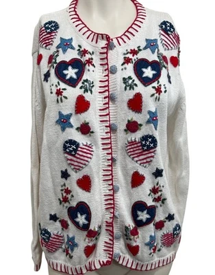 Cárdigan tejido americano de colección Heirloom Collectibles suéter corazones banderas rayas de colección Foto 1 de 4