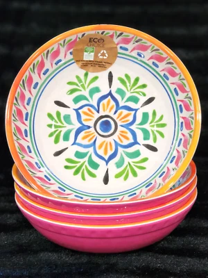 4 Pink Orange Mexican Talavera Style Melamine Salad Bowls 8" Ross Floral Trendy - Image 1 of 4