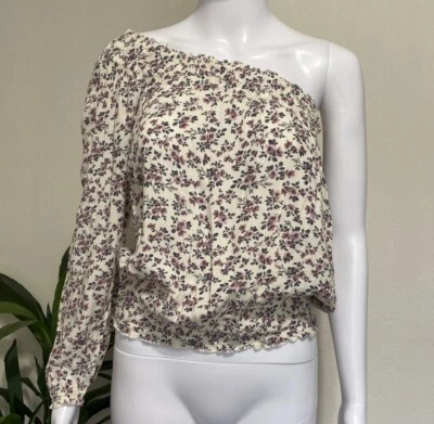 American Eagle XS Rose Floral One Shoulder Top Smocked Stretch Cream Rayon NWT - Image 1 of 4