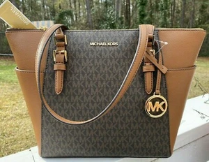 MICHAEL KORS CHARLOTTE GROSSES TOP REISSVERSCHLUSS SCHULTERTASCHE TASCHE BRAUN SIGNATUR - Bild 1 von 4