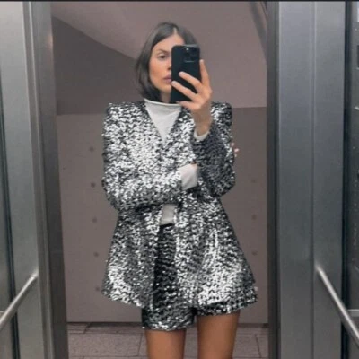 ZARA  Sequin Blazer Bloggers Favorite Grey Silver  Size M - Image 1 of 4