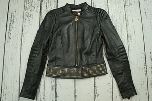 VERSACE For H&M Black Biker Gold Studded Zipper Leather Jacket EUR 36 US 6 US6 - Picture 1 of 7