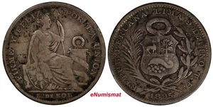 Peru Silver 1895 TF-JR 1/5 Sol Early Type Date RARE  aVF KM# 205.2 (11 245) - Picture 1 of 3