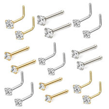 Pair 1.5-3mm Gold Tone Stainless Clear CZ 18G 20G L Shaped Bone Nose Rings Stud