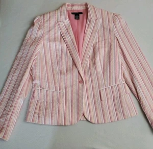 Apostrophe Cotton Blazer Jacket Women's Size 12 Pink Stripe Stretch Seersucker - Picture 1 of 12