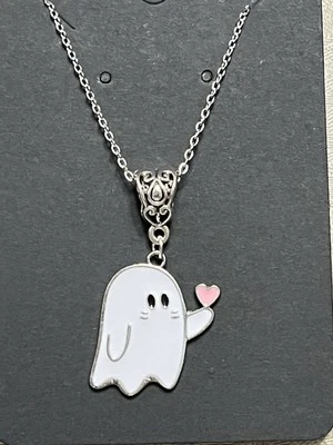 Retro Ghost Heart Halloween Charm Bohemian Novelty Fun Silver Necklace 18” - Image 1 of 2