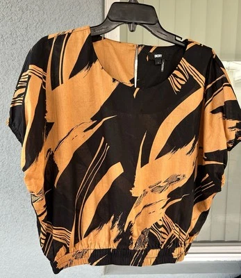 DKNY Algodón Abstracto Elástico Dobladillo Cuello Redondo Pullover Top Corto Talla L Foto 1 de 4