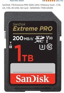 Carte mémoire SanDisk 1 To Extreme PRO SDXC UHS-I - C10, U3, V30, 4K UHD - Photo 1 sur 3