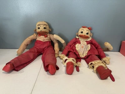 Vintage 1940s Handmade Red Heel Sock Monkey Doll, Dress & Lace Trim, Button Eyes - Image 1 of 4