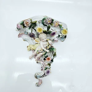 Dresden Wall Mounted Shelf Pedestal 8" Flowers and Cherubs Antique  - Picture 1 of 13