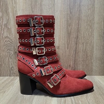 Jeffrey Campbell Anthropologie Trouble Buckles Red Boots Suede Leather Moto Heel - Image 1 of 4