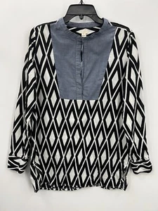 J Crew Top Damen Medium schwarz weiß Rautenmuster Denim Ausschnitt Boho Popover - Bild 1 von 9