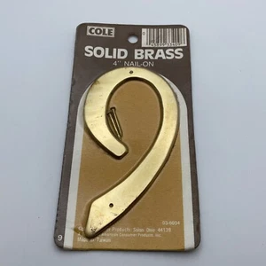 Vintage Cole 4-Inch Nail-On Traditional Solid Brass House Number 9 NEW NOS - Picture 1 of 2