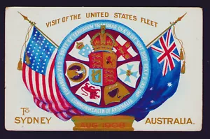 Tarjeta patriótica usada visita de la flota de Estados Unidos a Sydney Australia 1908 - Imagen 1 de 3