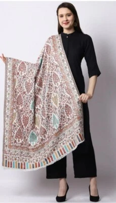 Embroidered Paisley 80"x40" Women's Shawl Jamwar Meditation Wool Striped Blanket - Image 1 of 4