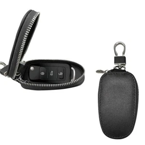 Leather Car Key Fob Case Key Holder with Metal Hook Zippered Bag Key Case Cover - Picture 1 of 6