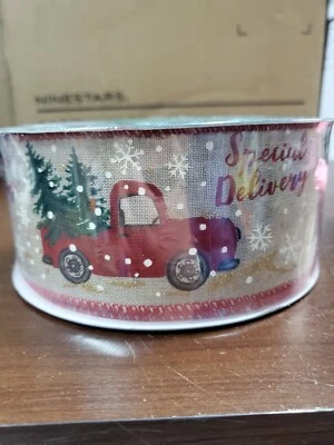 Christmas Ribbon Wire Edge 2.5" 50 yards Roll Special Delivery Truck - Image 1 of 2